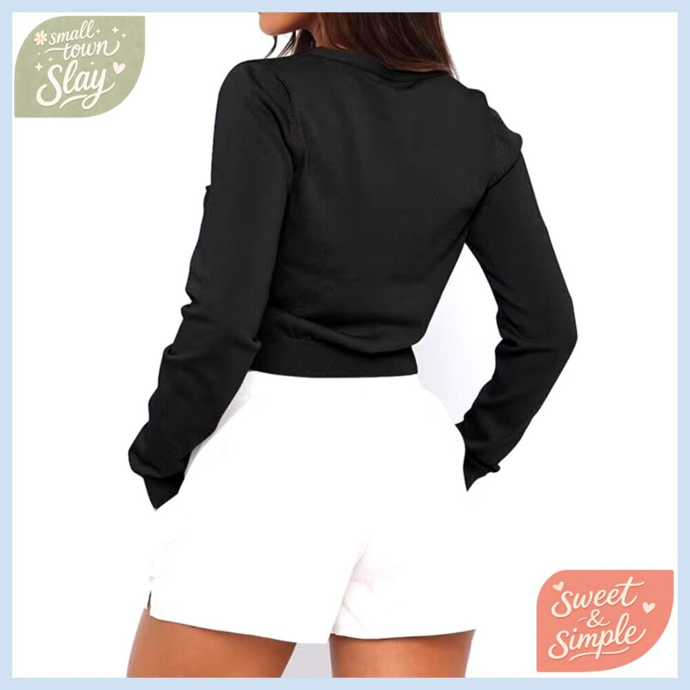 Cropped Long Sleeve Cardigan Open Front Button Down V Neck Sweater - Picture 3 of 7